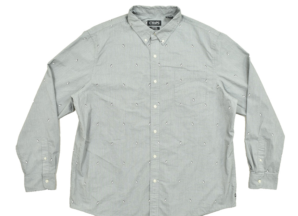 Chaps Mens XXL Gray Penguin Print Stretch Easy Care Long Sleeve Button Down Shir